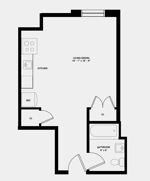 Floor plan for studio, 1 bath, 366 sqft